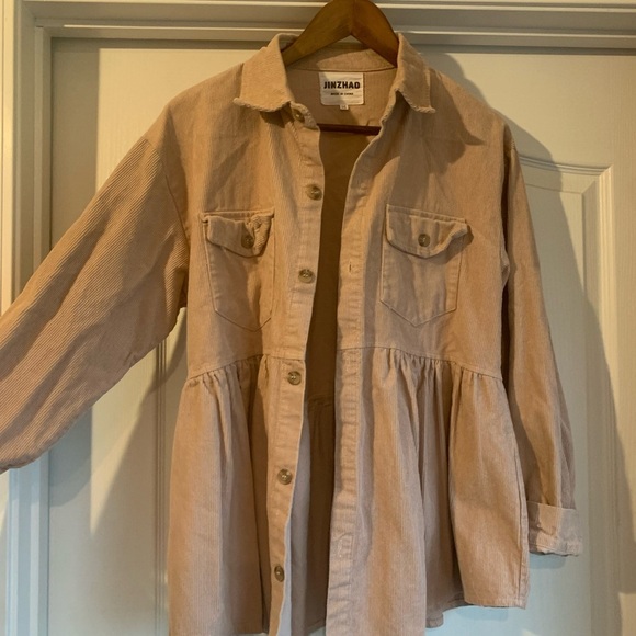 Peplum Beige Corduroy Button-Up Shirt - Picture 7 of 9